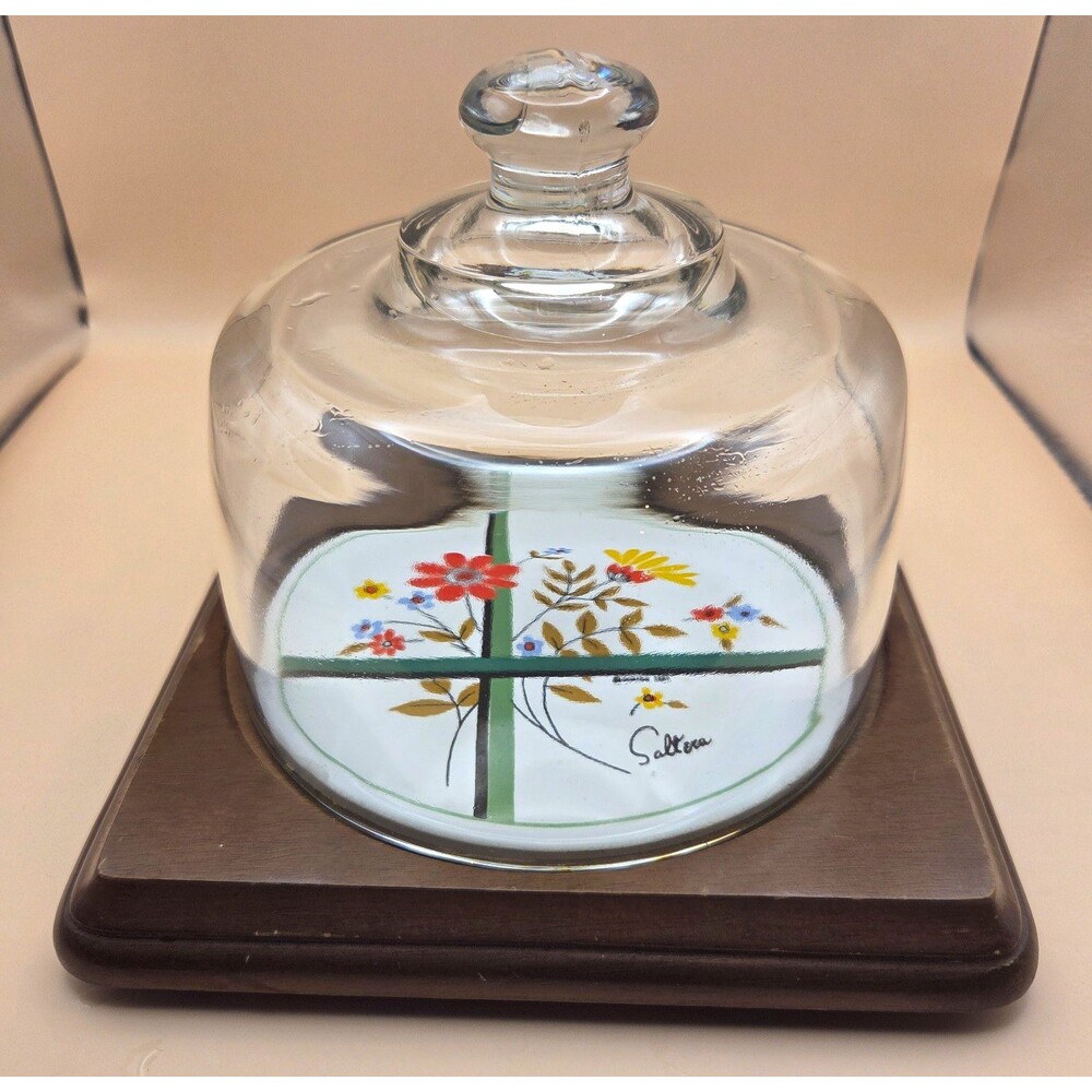 Himark Vintage 1981 Saltara Floral Cheese Dome Glass Lid Wood Base Taiwan